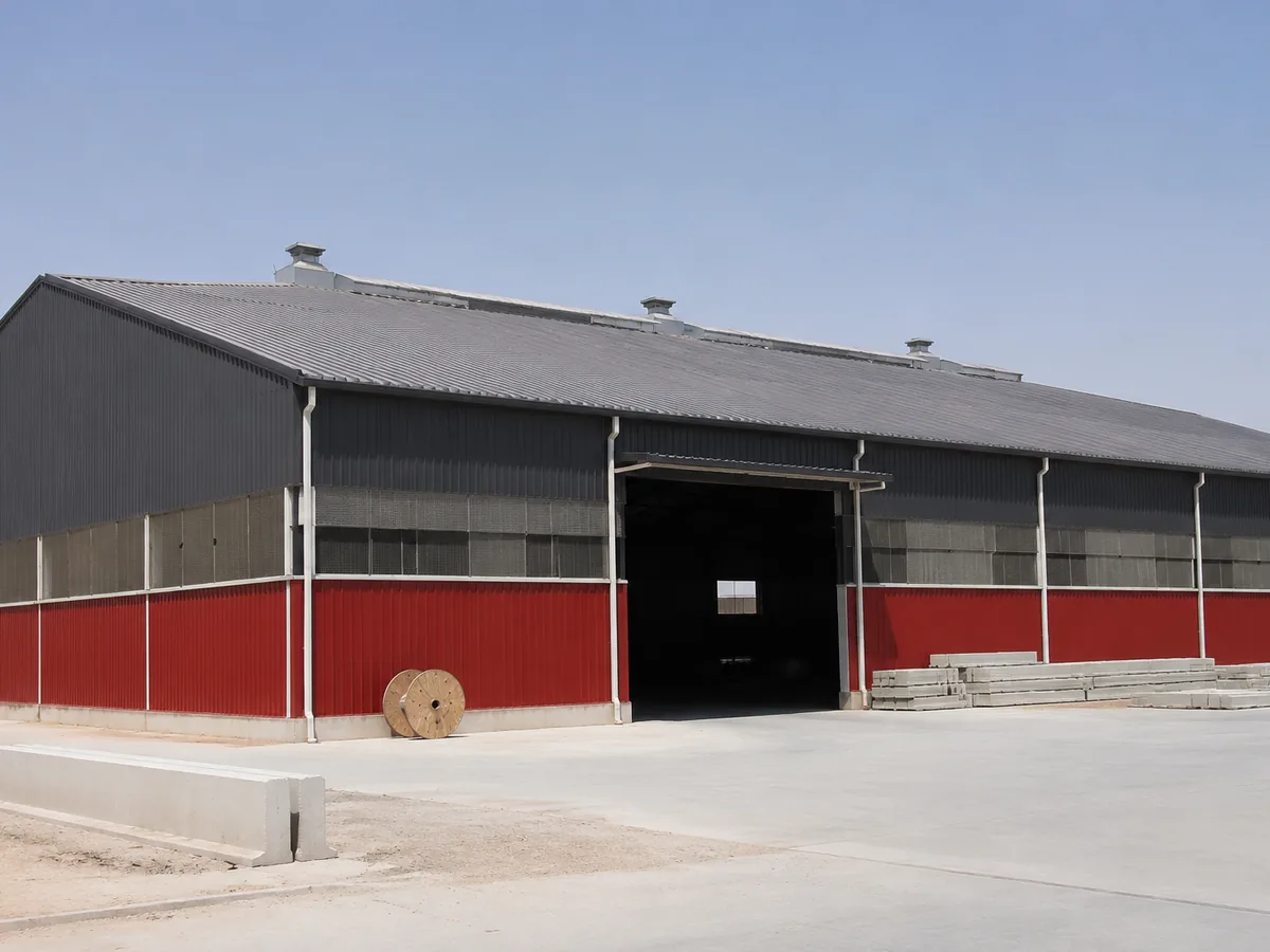 Dry-climate industrial shed with grey and red color-coated steel cladding