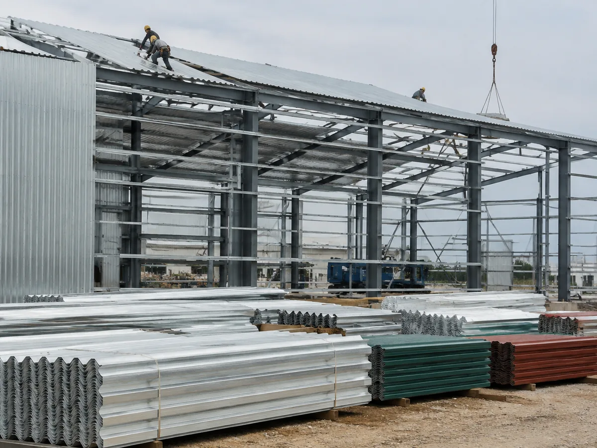 Galvanized and color roofing sheets stacked beside a portal-frame building under construction