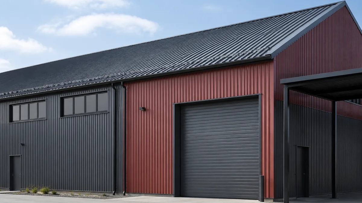 Industrial building with contrasting coated steel roof and wall cladding