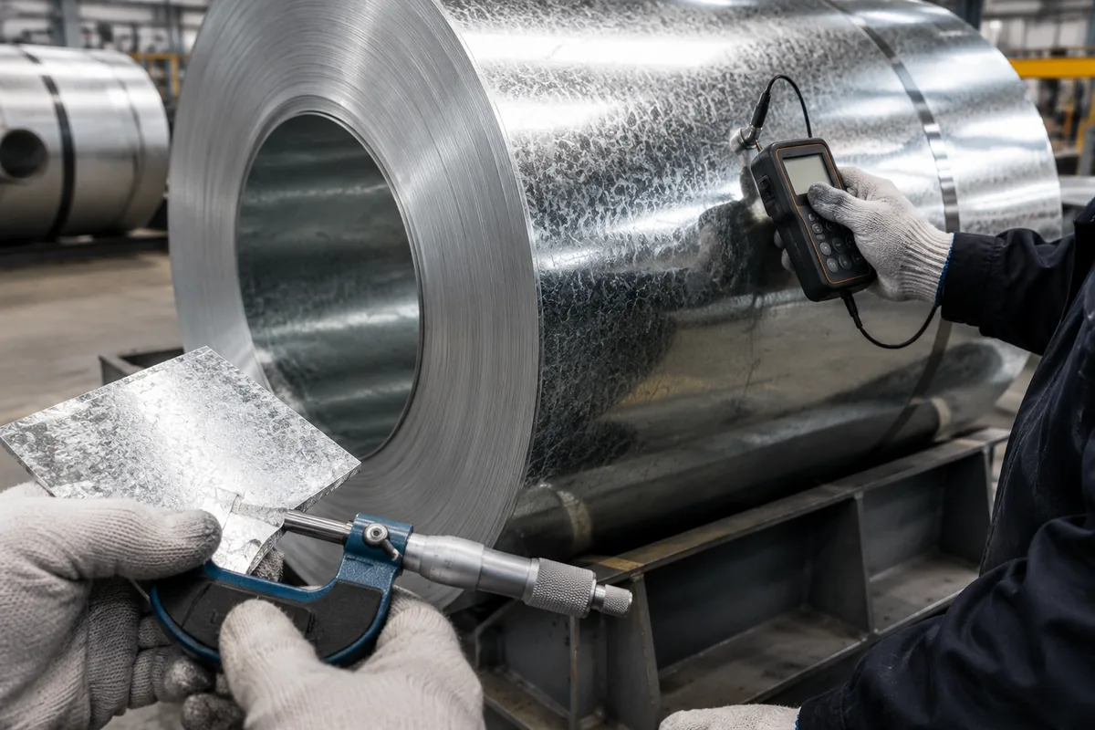 Illustration of galvanized coil coating inspection and sample thickness measurement