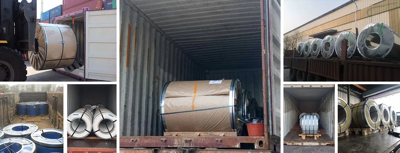 Galvanized steel coils wrapped, strapped and loaded for export shipment