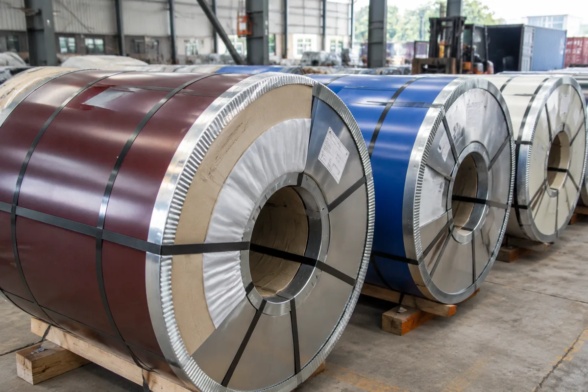 Illustration of color-coated steel coils with waterproof wrapping, edge guards and export strapping