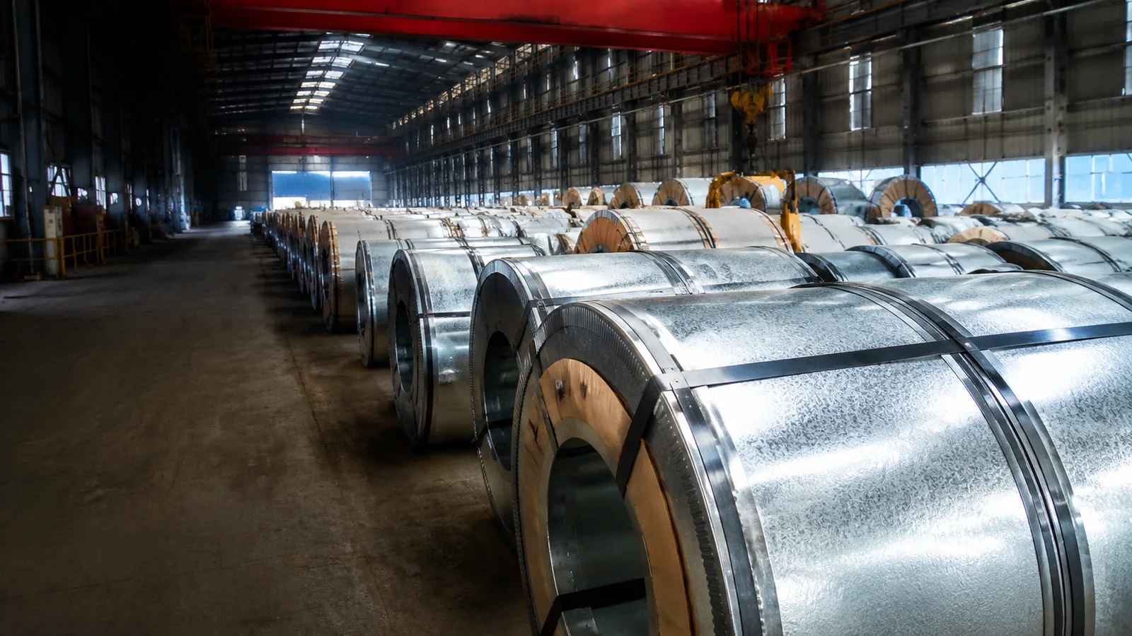 Hot-dip galvanized steel coils stored in a mill warehouse bay